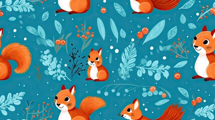  a blue background with a pattern of foxes and berries on it.  generative ai