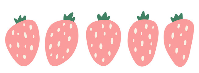 Hand drawn abstract pink white and green cartoon strawberry vector illustration collection set icon modern design cute fruit symbol drawing isolated background object