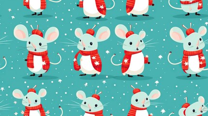  a set of cartoon mouses wearing winter clothes and scarfs.  generative ai