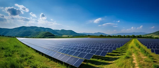 Fotobehang Beautiful field of photovoltaic big solar panels in countrysidegenerative ai © LomaPari2021