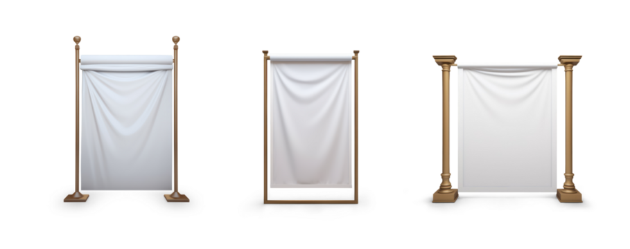 signboard stand roll up or advertisement canvas with cloth wrinkles as signpost or billboard empty blank mockup template in classical style isolated on transparent png background