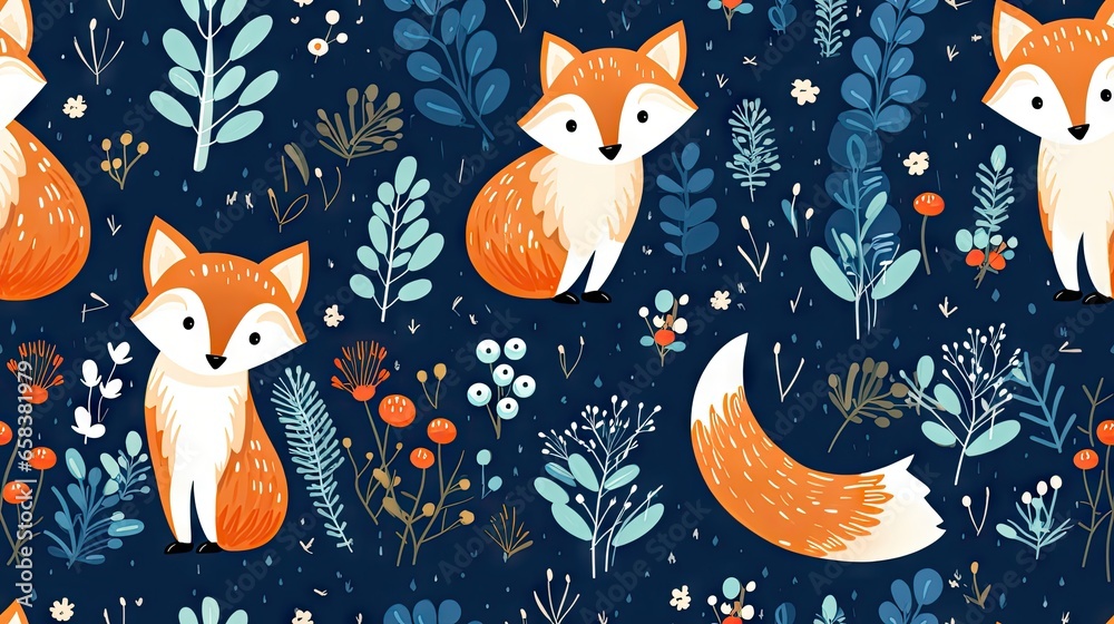 Sticker  a blue background with a red fox and flowers on it.  generative ai