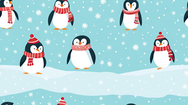  a group of penguins with hats and scarves in the snow.  generative ai