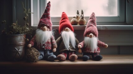 Christmas gnomes on the windowsill. Toned image. Selective focus. Generative AI.