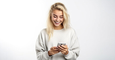 A woman holding a mobile phone in her hands, looking at the screen and smiling  on a white background