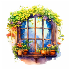 Fototapeta na wymiar Fairy Tale window watercolor paint ilustration vector