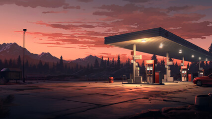 Gas station at sunset.