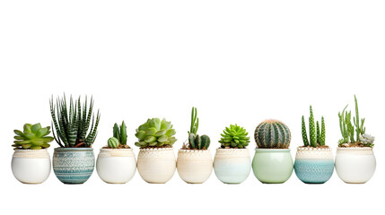 Succulents in a handmade ceramic pot. Room interior decoration, white background
