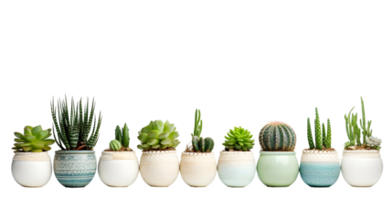 Succulents in a handmade ceramic pot. Room interior decoration, white background