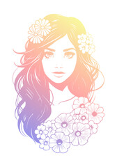 Portrait of young woman. Silhouette of a girl with soft purple to yellow gradient. Vector illustration.