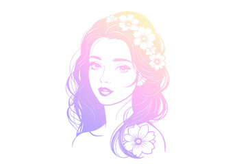 Portrait of young woman. Silhouette of a girl with soft purple to yellow gradient. Vector illustration.