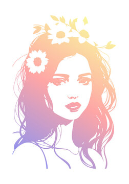 Portrait of young woman. Silhouette of a girl with soft purple to yellow gradient. Vector illustration.