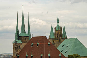 view from Petersberg hill to the cathedral and the Saint Severi church in Erfurt