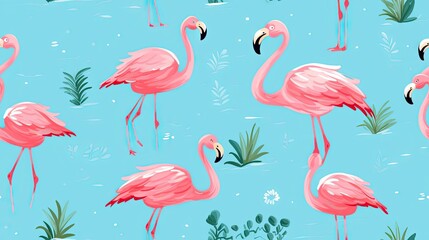  a flock of flamingos standing on top of a grass covered field.  generative ai