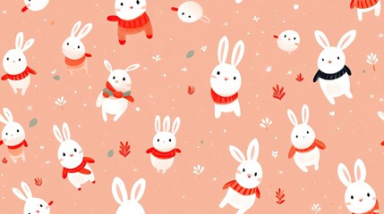  a group of rabbits wearing sweaters and scarves on a pink background.  generative ai
