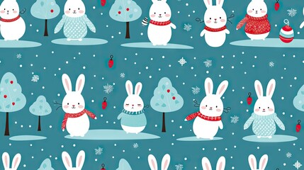  a group of rabbits wearing sweaters and scarves in the snow.  generative ai