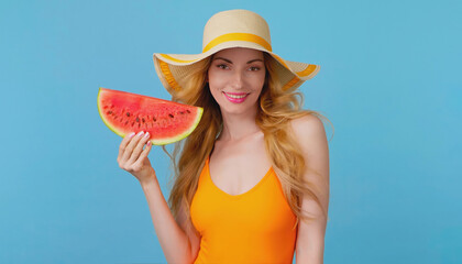 Woman with watermelon in swimsuit, fashionable hat, smiling enjoys summertime for fun, rest, tan or pool party. Playful glamor sexy slim lady for relax, spa on vivid blue background