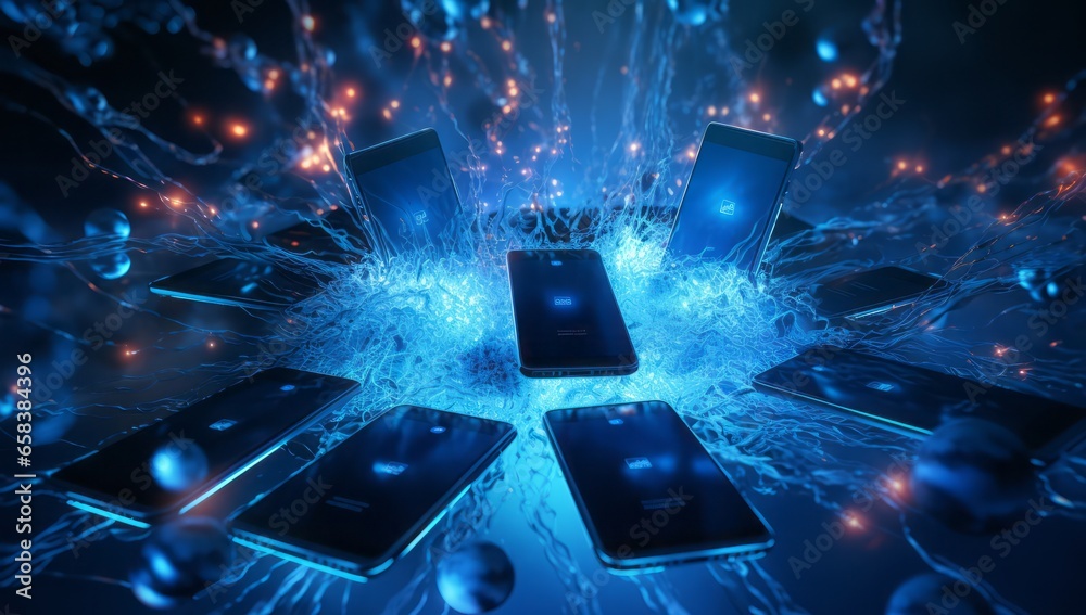 Poster technological fusion: smartphones emerge against an abstract background of flowing light resembling 