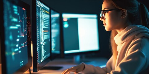 Girl working on the computer and looking at screens
