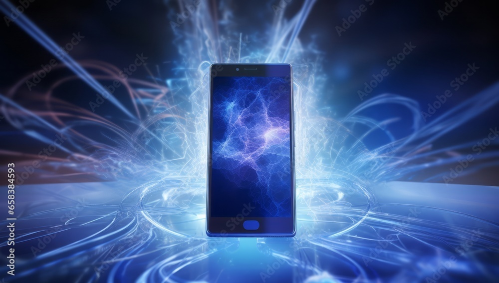 Poster technological fusion: smartphones emerge against an abstract background of flowing light resembling 