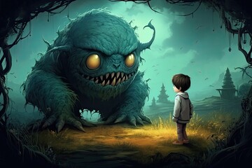 child see a monster in scarry forest illustration - obrazy, fototapety, plakaty