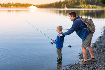 Father and son fishing on a lake 