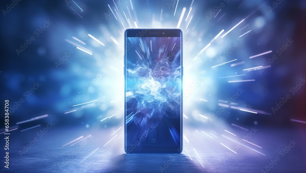 Poster technological fusion: smartphones emerge against an abstract background of flowing light resembling 