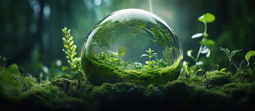 Green forest globe symbolizing environmental protection and sustainable society in line with SDGs