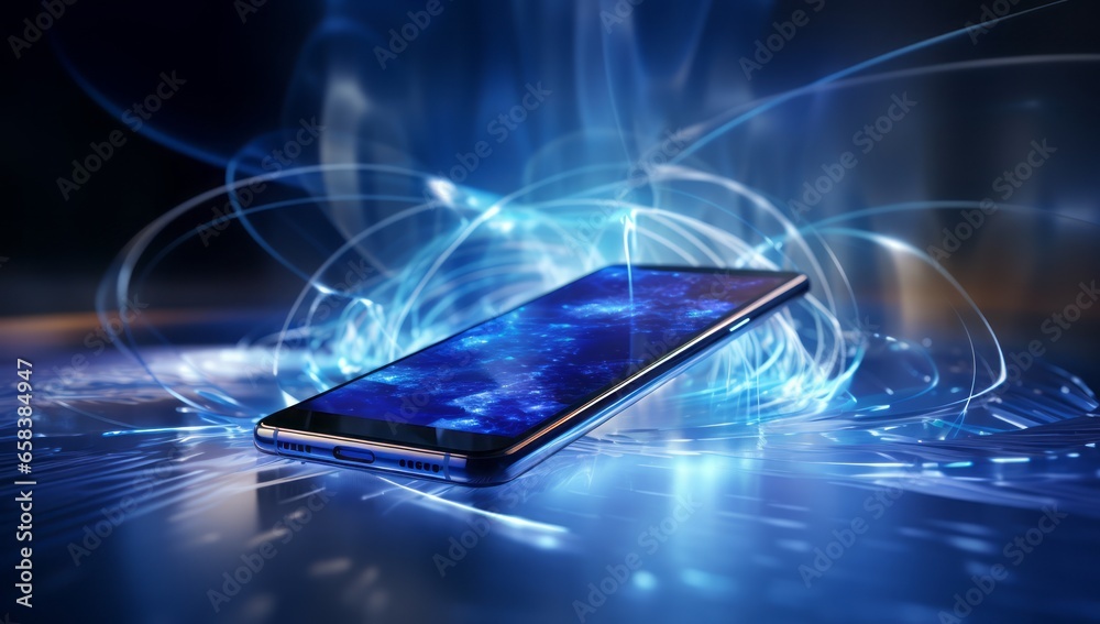 Poster technological fusion: smartphones emerge against an abstract background of flowing light resembling 