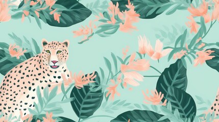 Fototapeta premium a leopard sitting on top of a lush green field of flowers. generative ai