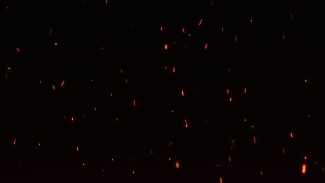 Fire flakes rising up on the night sky with the feeling of a huge fire happening. Bright fire particles flowing up with the wind. Bonfire background animation. Flowing fire ashes in the night. 4k.	