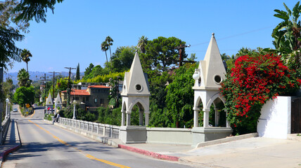 Los Angeles, California: The Shakespeare Bridge in a Gothic style built in 1926, located in the Franklin Hills neighborhood of Los Angeles, California