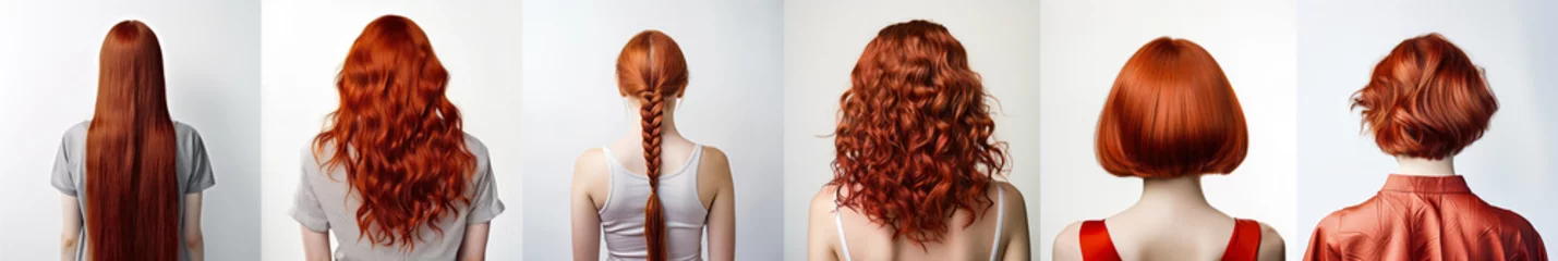  Various haircuts for woman with red hair - long straight, wavy, braided ponytail, small perm, bobcut and short hairs. View from behind on white background. Generative AI © Lubo Ivanko