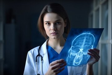 female doctor holds a blue bone scan sheet By pointing a finger at his own head.generativeai
