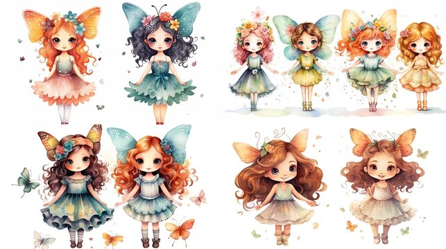 watercolor style cartoon illustration of cute fairy with bright wing wearing pretty dress, isolated on white background, collection set, Generative Ai