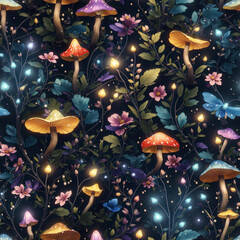 Glowing Night Mushrooms Art Seamless Pattern Colorful Digital Background Artwork Design - ai generated