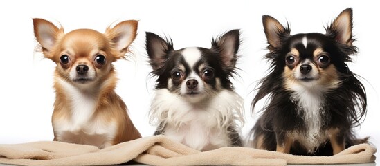 Bathed purebred chihuahuas against white backdrop