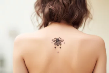 Fotobehang Bee bite allergy concept. Woman with bee tattoo on her back. Allergy awareness and bee sting precautions concept © dream@do