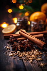 christmas still life with cinnamon and spices on dark wooden background - obrazy, fototapety, plakaty