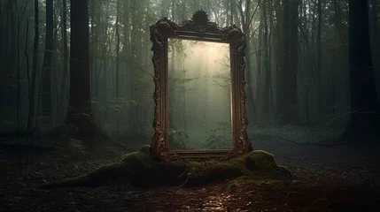 Deurstickers Sprookjesbos Dark mysterious forest with a magical magic mirror, a portal to another world. Night fantasy forest.