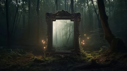 Acrylic prints Fairy forest Dark mysterious forest with a magical magic mirror, a portal to another world. Night fantasy forest.