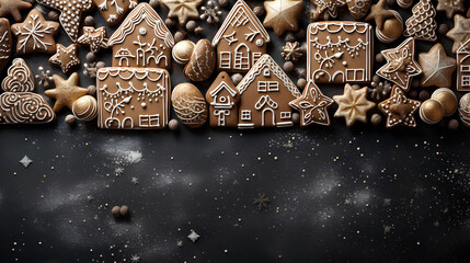 christmas gingerbread houses and stars on a black background