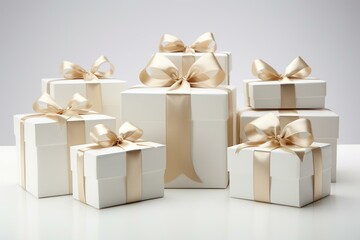 White gift boxes with a ribbon bow. Generative AI