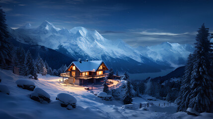 night landscape with snowy mountains and trees - obrazy, fototapety, plakaty