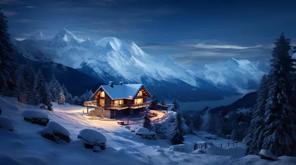 Fotobehang night landscape with snowy mountains and trees © EvhKorn