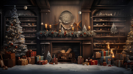 interior of christmas room with christmas decorations and fireplace - obrazy, fototapety, plakaty