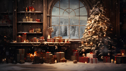 christmas tree and fireplace on the wooden background with gifts. 