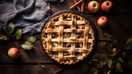  an apple pie on a wooden table surrounded by apples and cinnamon sticks.  generative ai