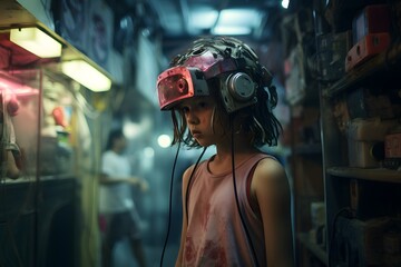 girl wearing vr googles in dark dirty room - generative ai - obrazy, fototapety, plakaty
