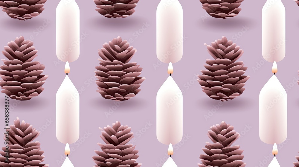 Poster a group of candles that are next to a pine cone. generative ai